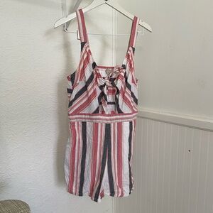 Pink and White Striped Beach Romper with Tie-Front